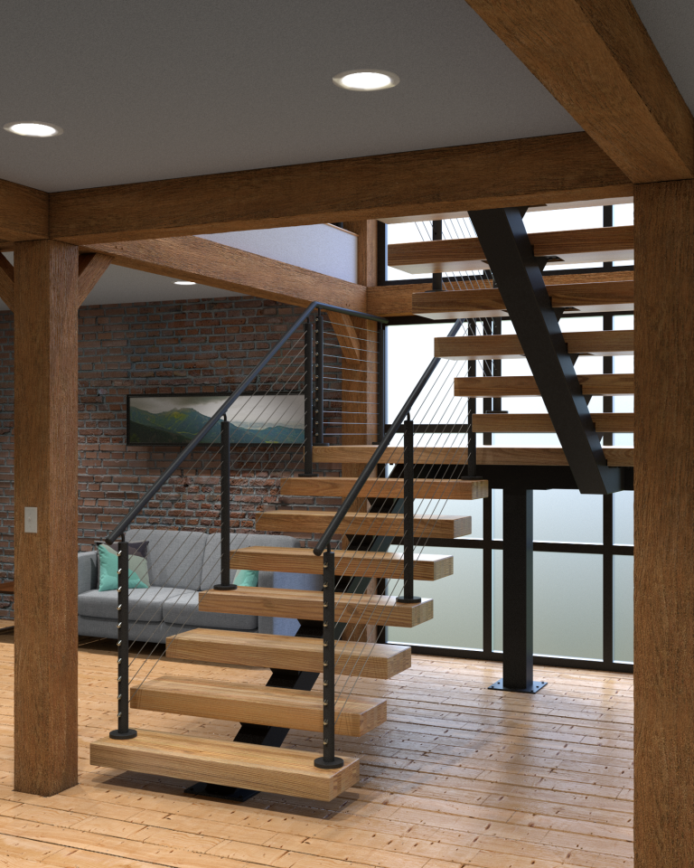 Switchback stair system in a home with natural wood