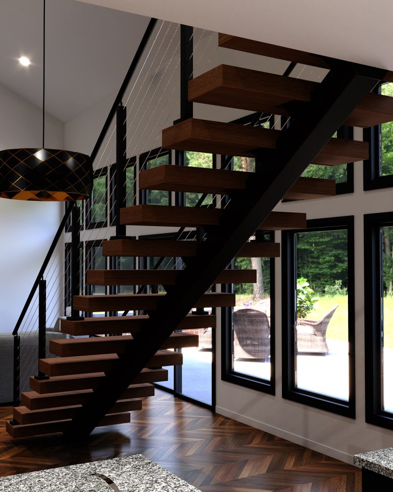 Cable infill and black metal railings complement warm wood tones on this single flight mono stringer stair system - Back View.