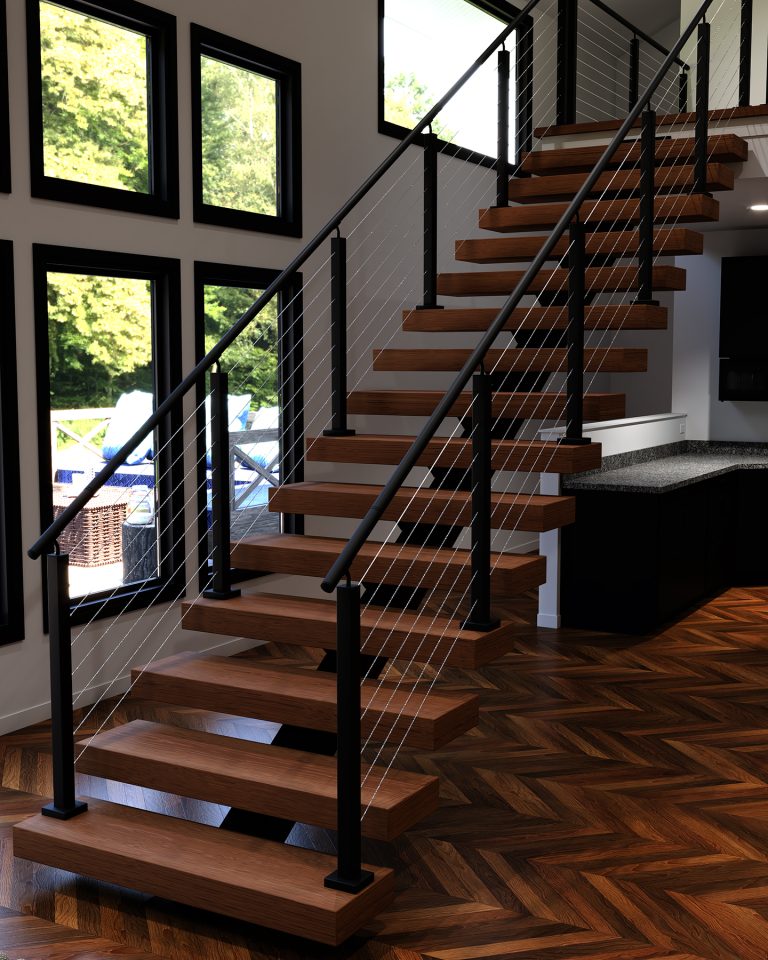 Cable infill and black metal railings complement warm wood tones on this single flight mono stringer stair system - Front View.