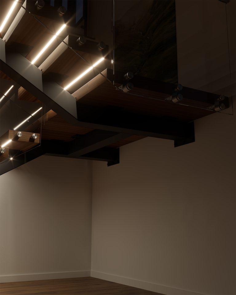 Half landing detail image on LED-lit staircase.