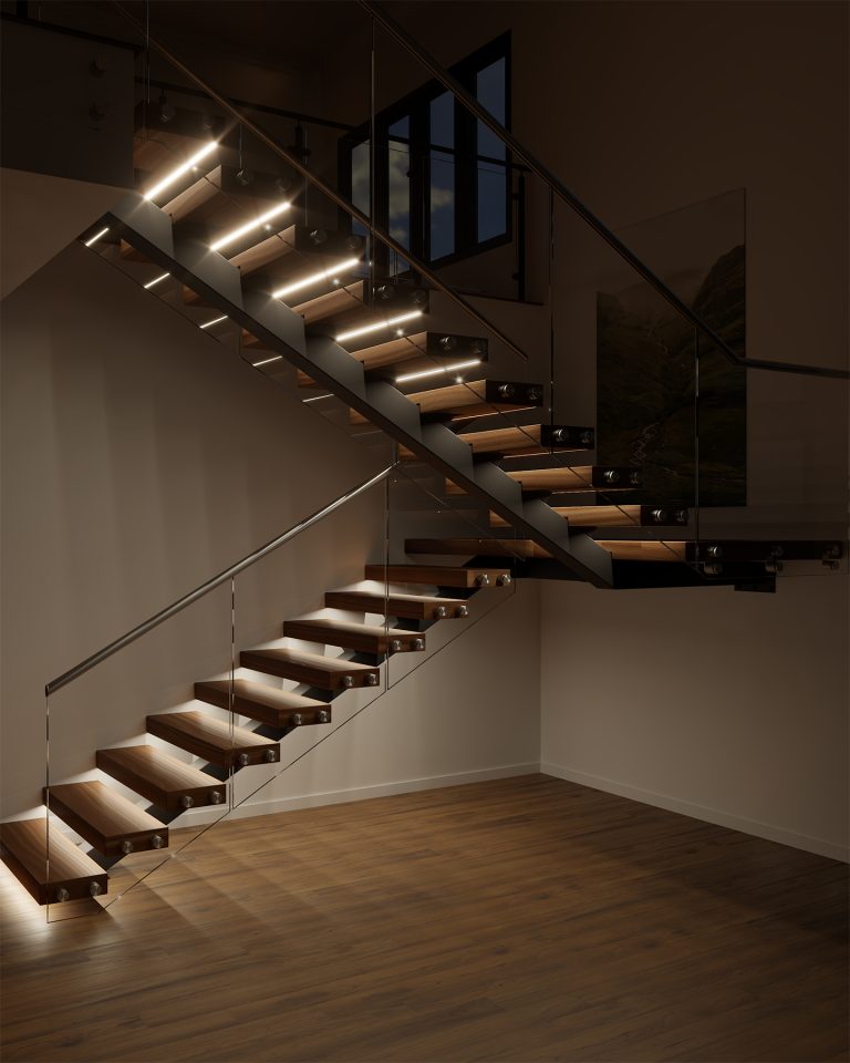 LED lit floating staircase in a switchback configuration with a half landing.