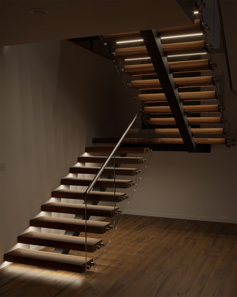 LED lit prefabricated monostringer stair showing half-landing configuration.