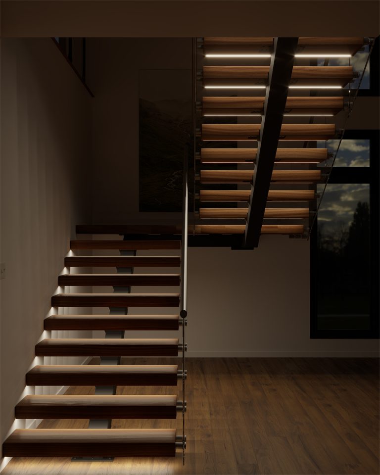 LED lit floating staircase in a switchback configuration with a half landing.